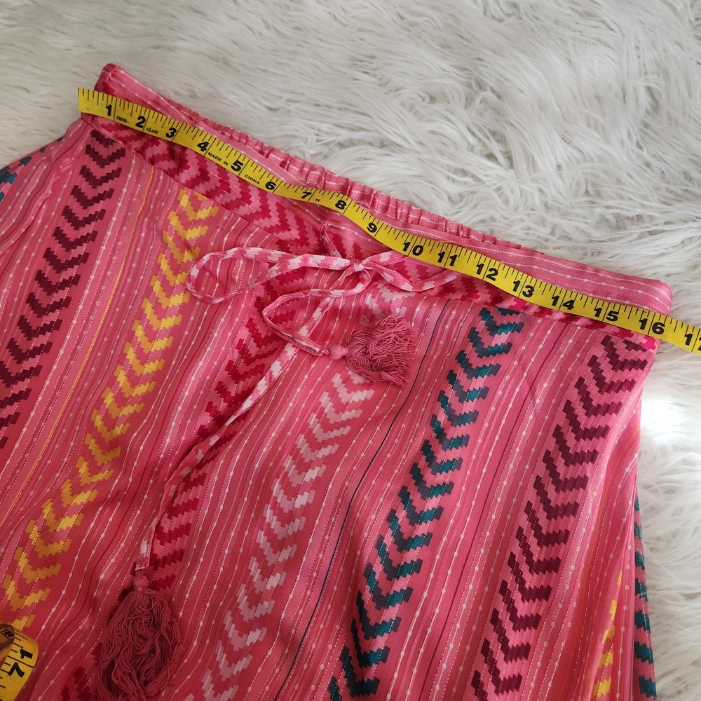 Satin Tiered Maxi Skirt Women's Large Boho Gypsy Tassel Pink Drawstring Pull on - Picture 6 of 13